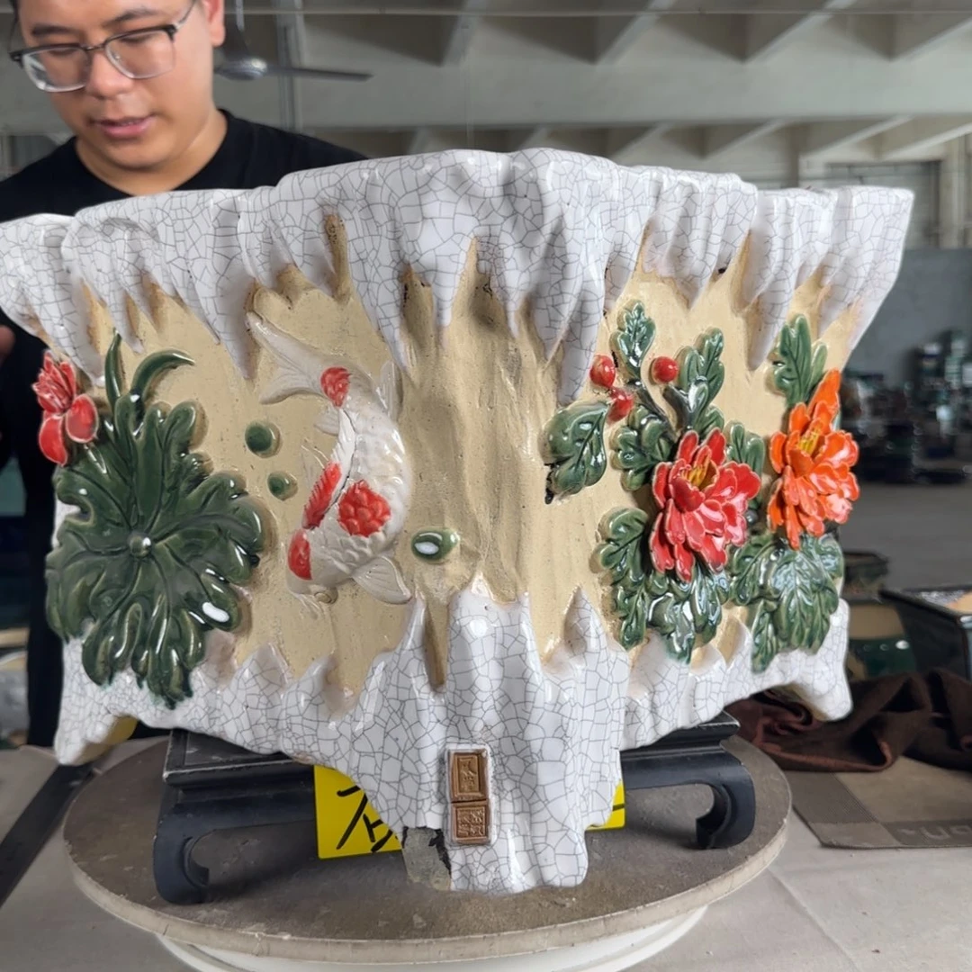 。一风堂石湾花盆 瑕疵磕碰 开片 内32*36