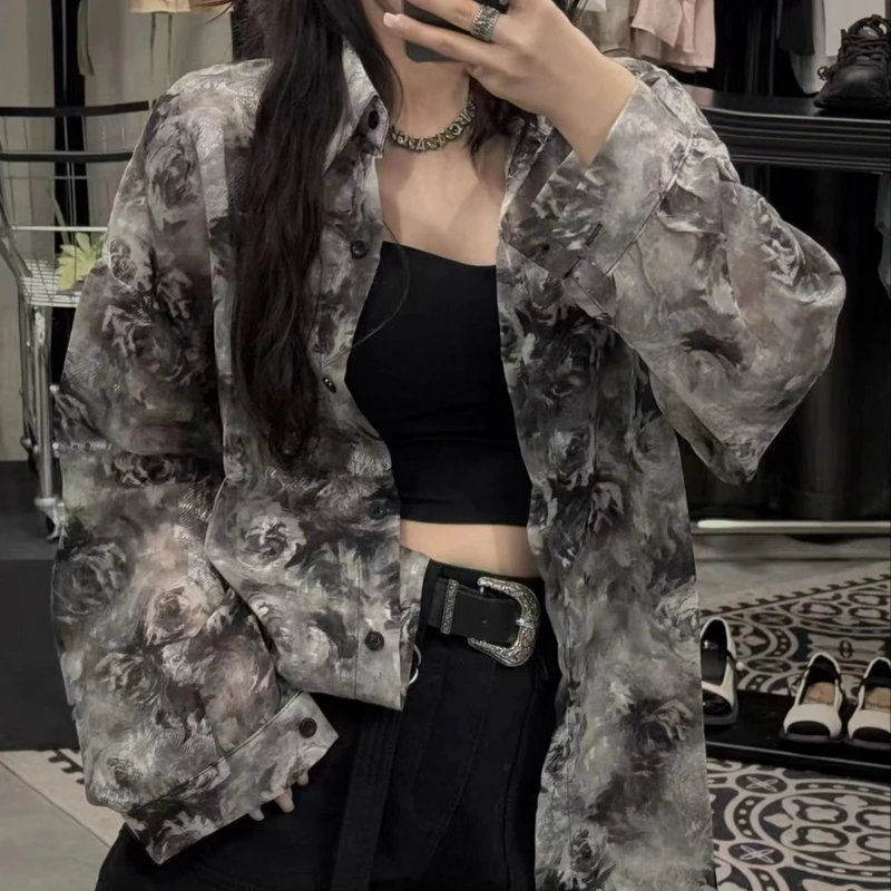 （冰川）港风复古扎染刺绣花水泼墨衬衫女宽松显瘦单排扣叠穿ins