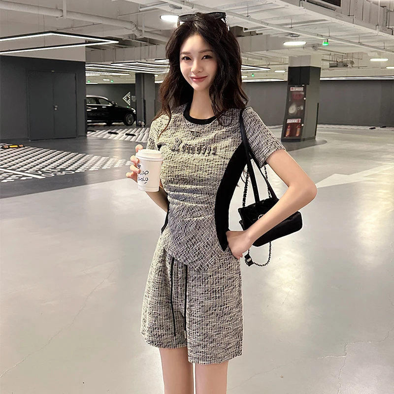 港风复古运动休闲套装女夏装高端欧货收腰显瘦质感短袖短裤两件套