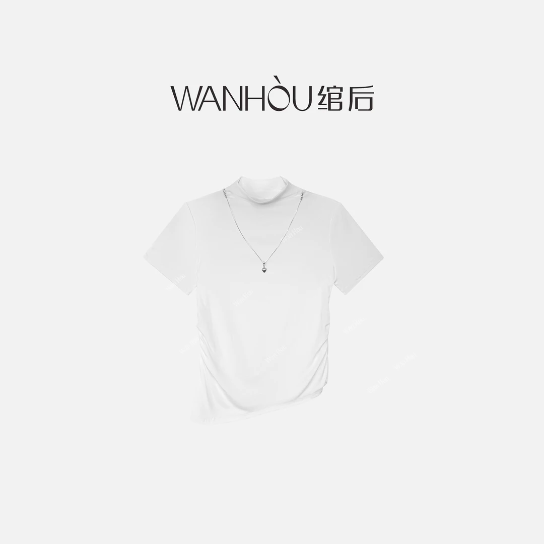 【C3612】#绾后-新款百搭半高领收腰褶皱链条短袖女装SS