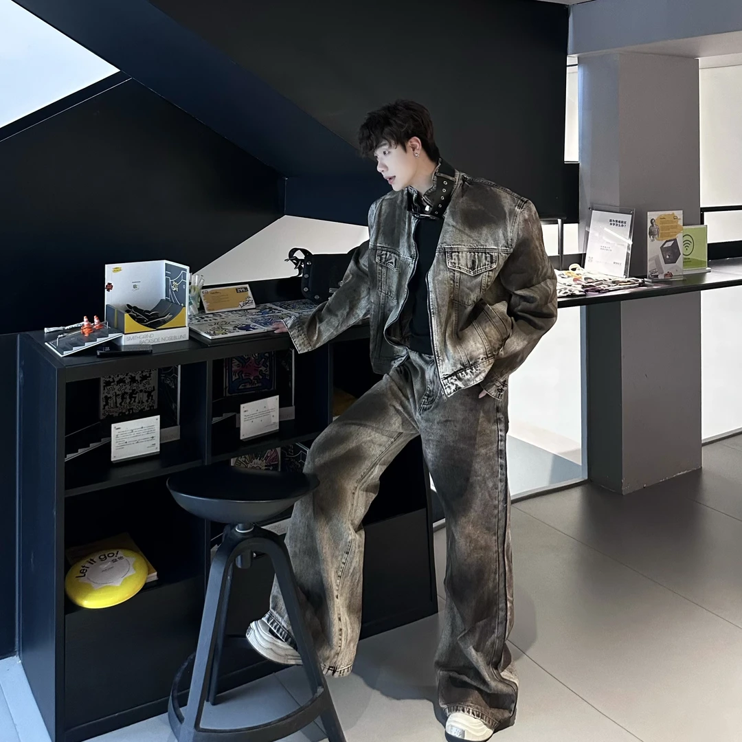 Between 小众设计重工洗水做旧牛仔套装高级感拼接立领短款外套