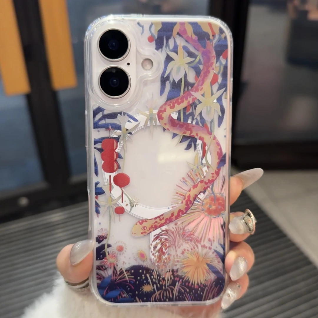 创意花灯蛇年适用苹果16promax15/14高级手机壳13大孔透明磁吸壳