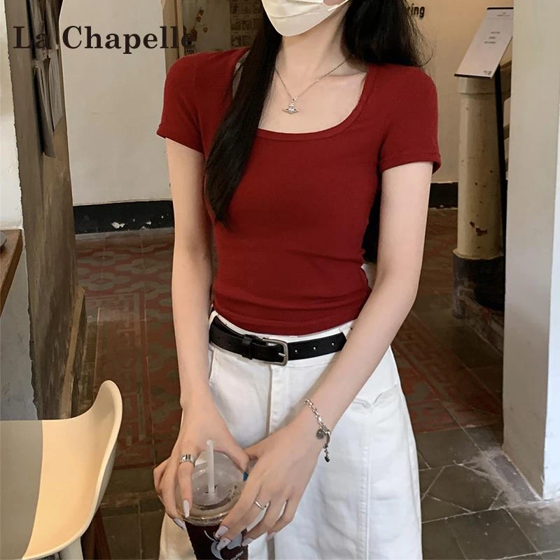 拉夏贝尔法式气质正肩T恤短袖女夏季2025新款纯欲修身百搭短袖女