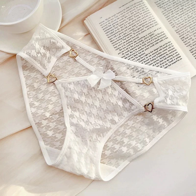 欧美风性感低腰镂空提花网纱三角内裤带爱心蝴蝶结女士蕾丝透气