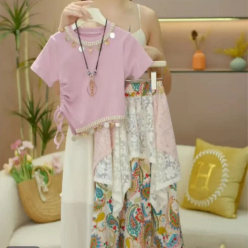 夏季新款女童波西米亚风短袖韩版拼接裙子套装潮流公主风短袖套装