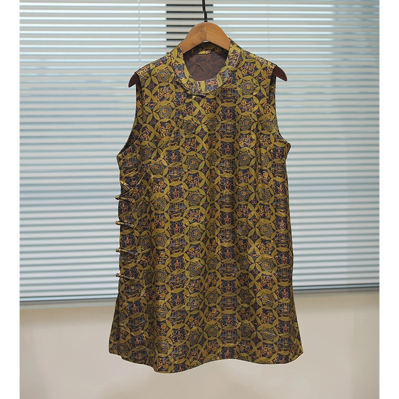 【彩曼】良辰媄锦桑蚕丝香云纱新中式国风无袖上衣衣长约76CM