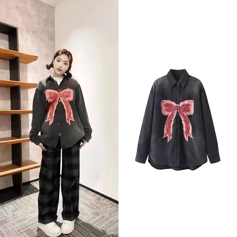 【黑酷碟衣】宽松设计感立体蝴蝶结设计感长袖牛仔衬衫外套.Y8529