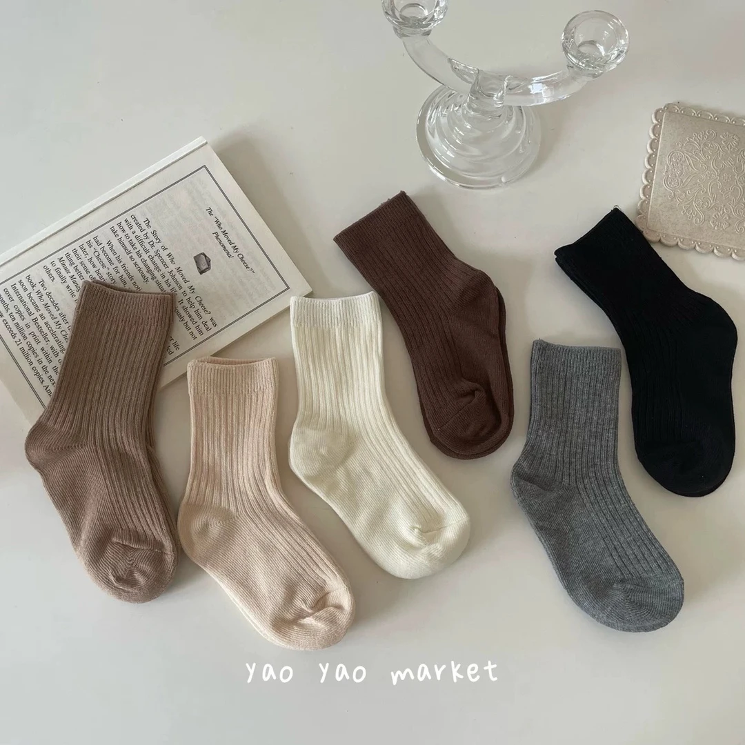 儿童袜子纯棉秋季百搭潮童ins纯色中筒袜双针素色男宝女宝袜子