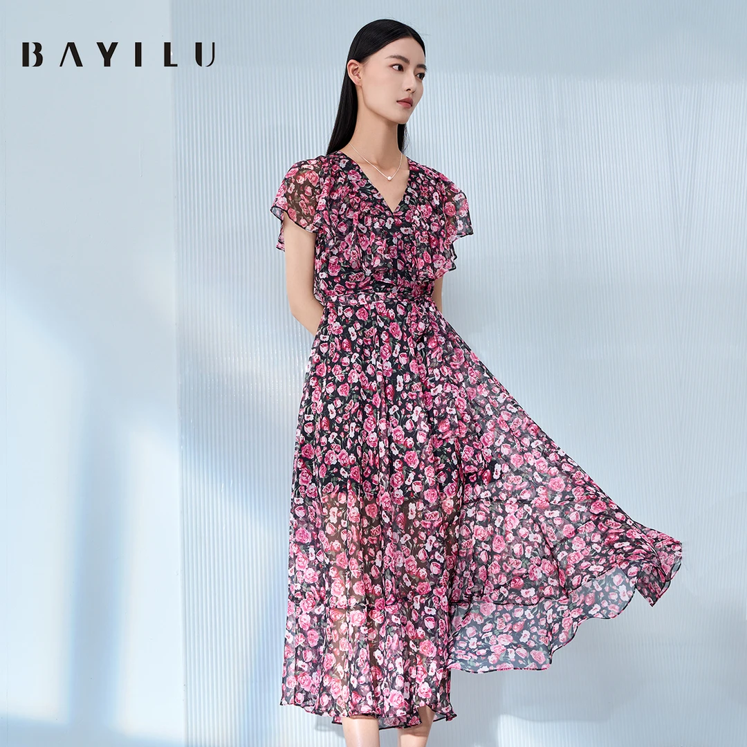 【瑶瑶】芭依璐夏季连衣裙女印花v领收腰荷叶边雪纺裙90L7532