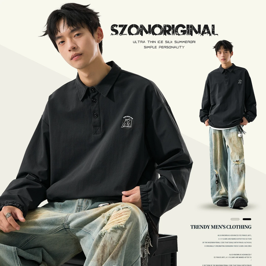 polo衫男2025新款春秋日系简约刺绣高级感衬衫宽松潮流套头卫衣