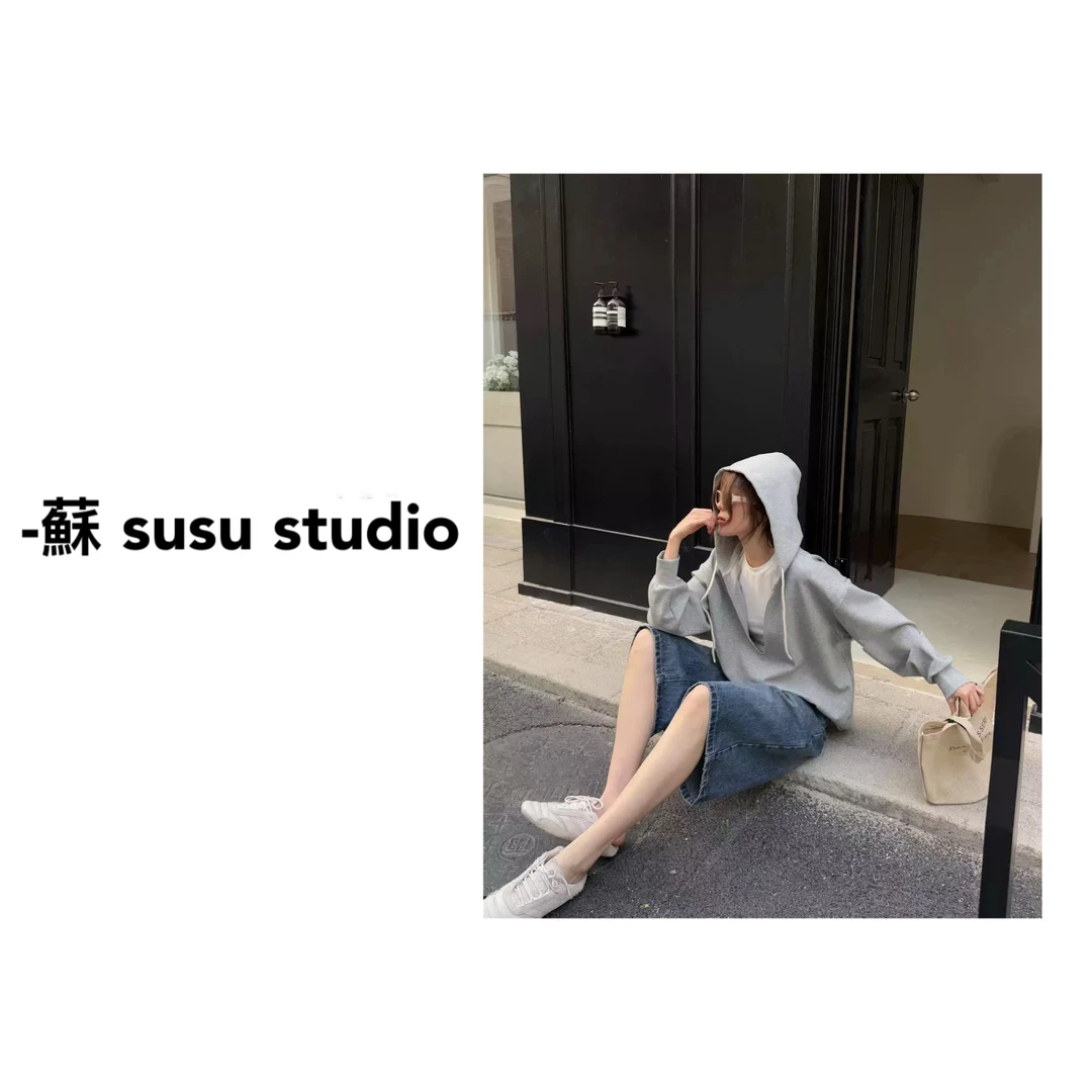 MM2025韩系V领假两件拼接长袖卫衣女宽松慵懒帽衫卫衣上衣070