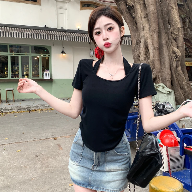 【柠檬专属】纯欲风假两件短袖T恤女2025初春新款挂脖胖妹妹短款