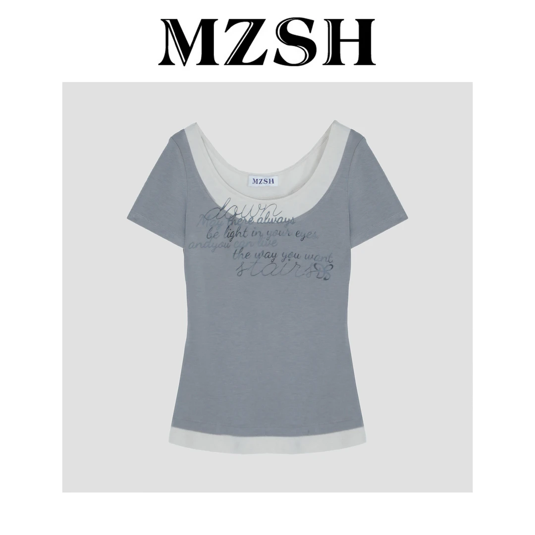 【MZSH】美式撞色拼接假两件印花字母T恤DLMZSH259