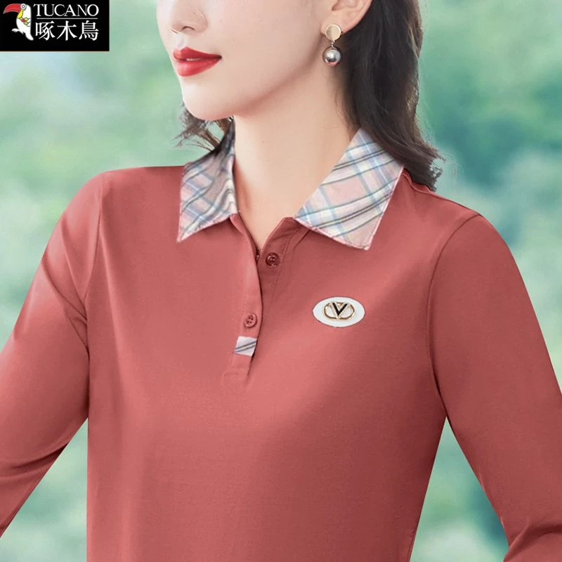 啄木鸟长袖翻领女士撞色T恤拼接纽扣POLO衫春秋新款休闲穿搭上衣