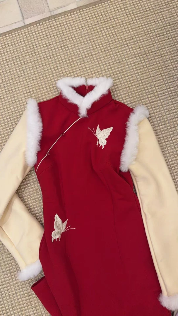 球球夫人丨丹霞）120cm冬季加绒单层后拉链长袖显瘦红色收腰旗袍