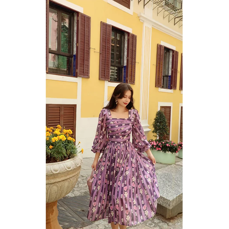 水滴君MR WATER原创 夏季紫色印花收腰中长袖连衣裙