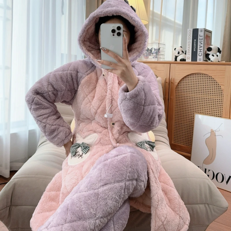 【清仓蝴蝶结】女士睡衣冬季三层夹棉加绒加厚套装保暖家居服