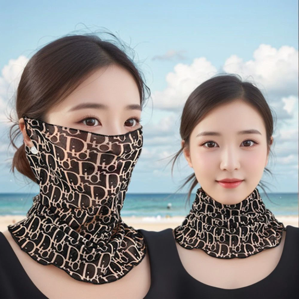 夏季透气防晒面罩轻薄挂耳式遮脸纱巾防紫外线护颈围脖印花时尚款