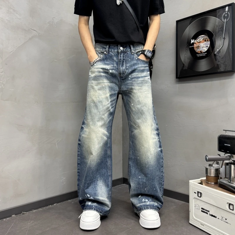 泼墨复古做旧弯刀牛仔2025秋冬新款男士宽冰秋日男士水洗做旧直筒
