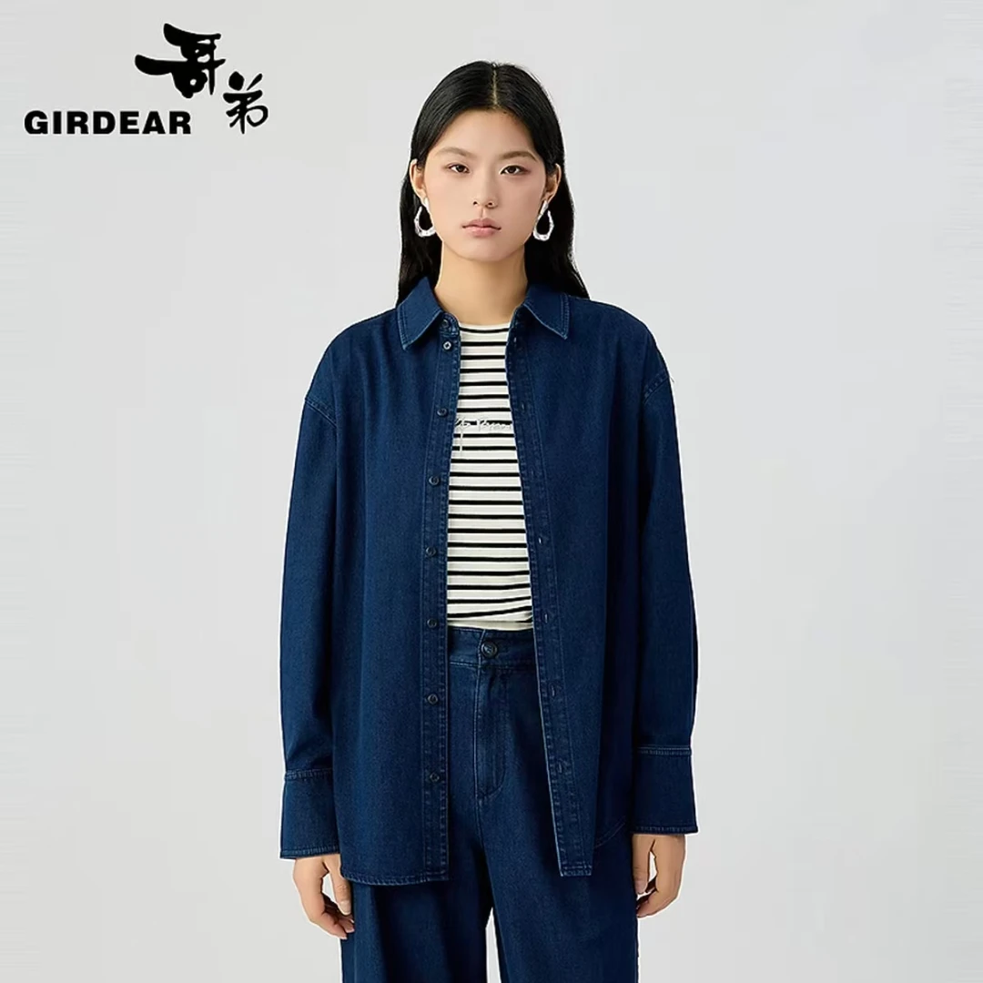 哥弟  女装新款简约时尚复古单宁风休闲百搭薄牛仔衬衣外套130082