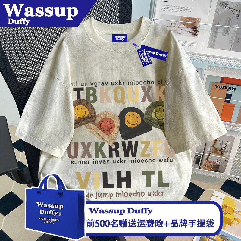 WASSUP DUFFY嘻哈风美式新款帽子扎染短袖夏季男女款简约休闲上衣