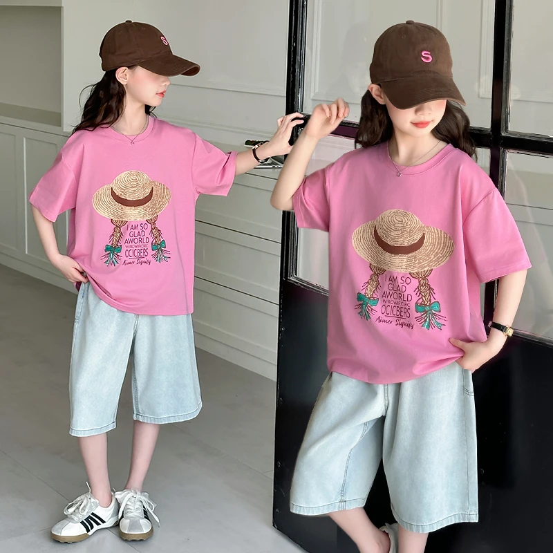 女童纯棉短袖2025新款夏季时髦洋气儿童潮流印花时尚百搭女孩半袖