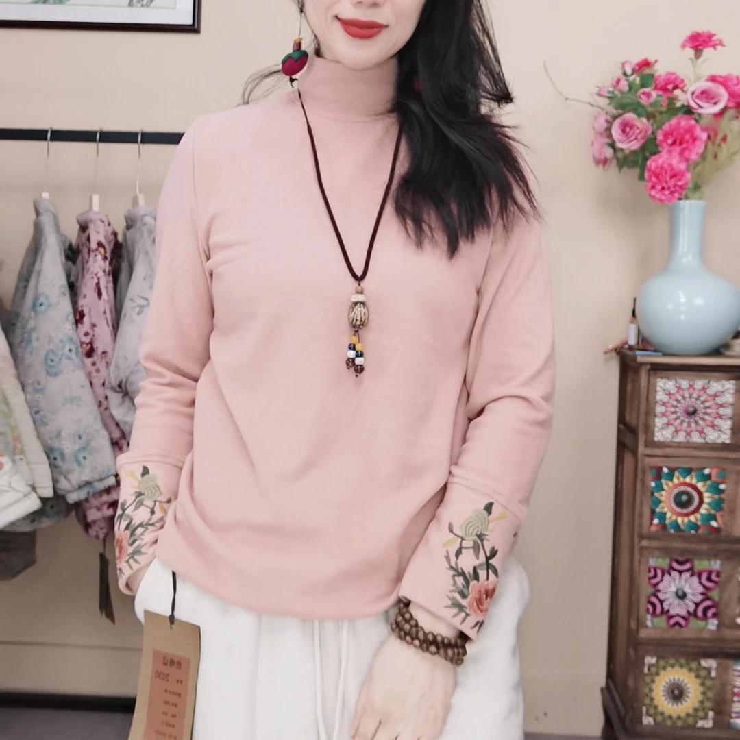 2030秋冬季国风新中式高领加厚全棉磨毛重工刺绣弹力半高领打底衫