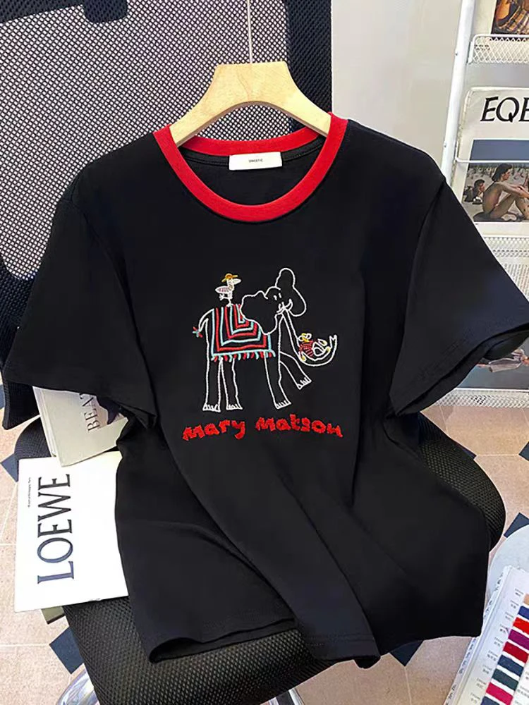 99831美式宽松拼色小象印花短袖t恤女夏季新款设计感复古休闲上衣