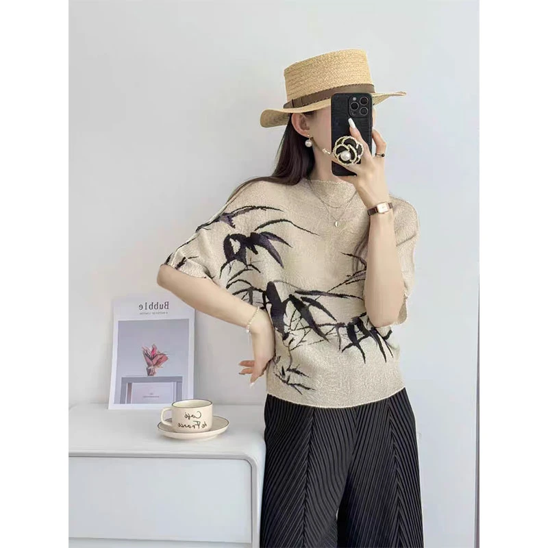 三宅复古国风水墨竹印花褶皱T恤时尚百搭宽松显瘦上衣女春夏新款