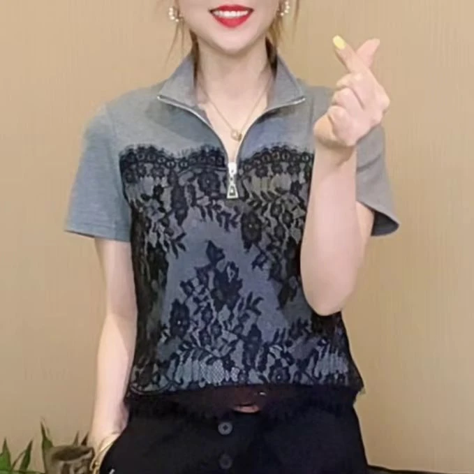 2025春夏款立领半拉链蕾丝设计气质时尚百搭短袖显瘦上衣8891