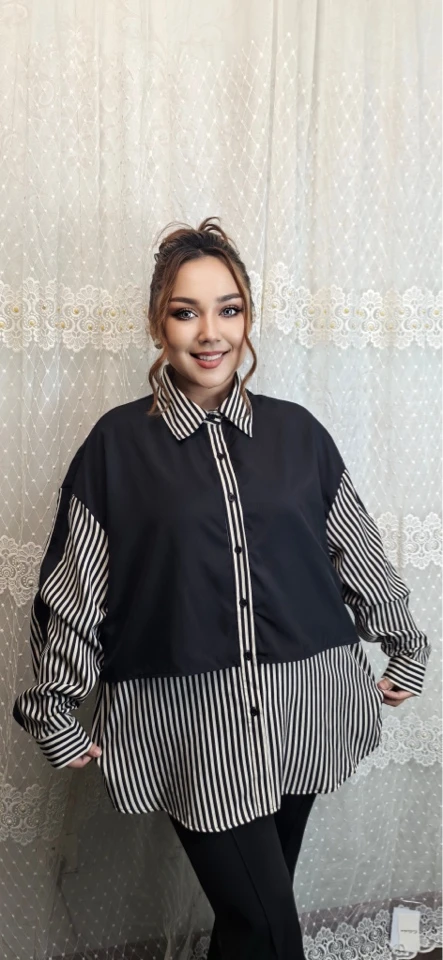 春秋新款港风假两件拼接条纹宽松长袖衬衫女百搭上衣