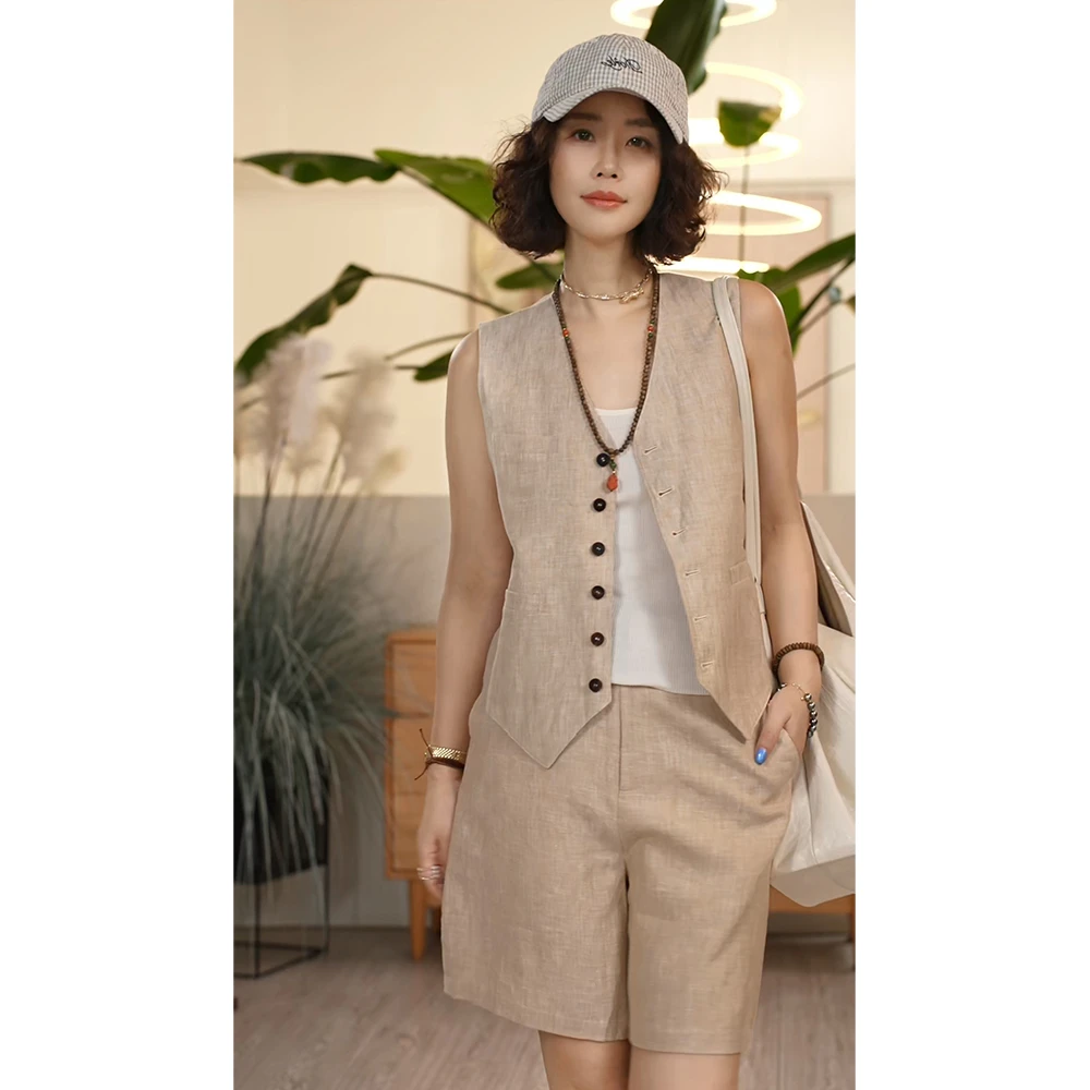 Y【叭哒不惑】沙滩上 亚麻V领复古宽松马夹女时尚百搭上衣