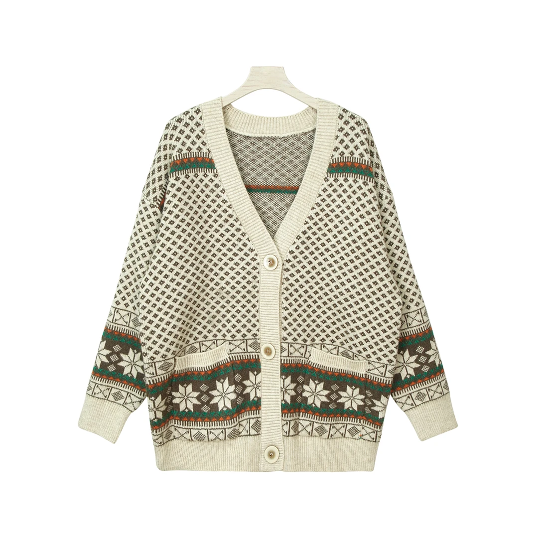 N5311【春季新款】时尚V领长袖杏色印花衫8867