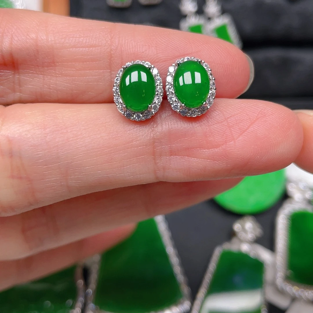 银S925镶嵌翡翠耳饰耳钉
