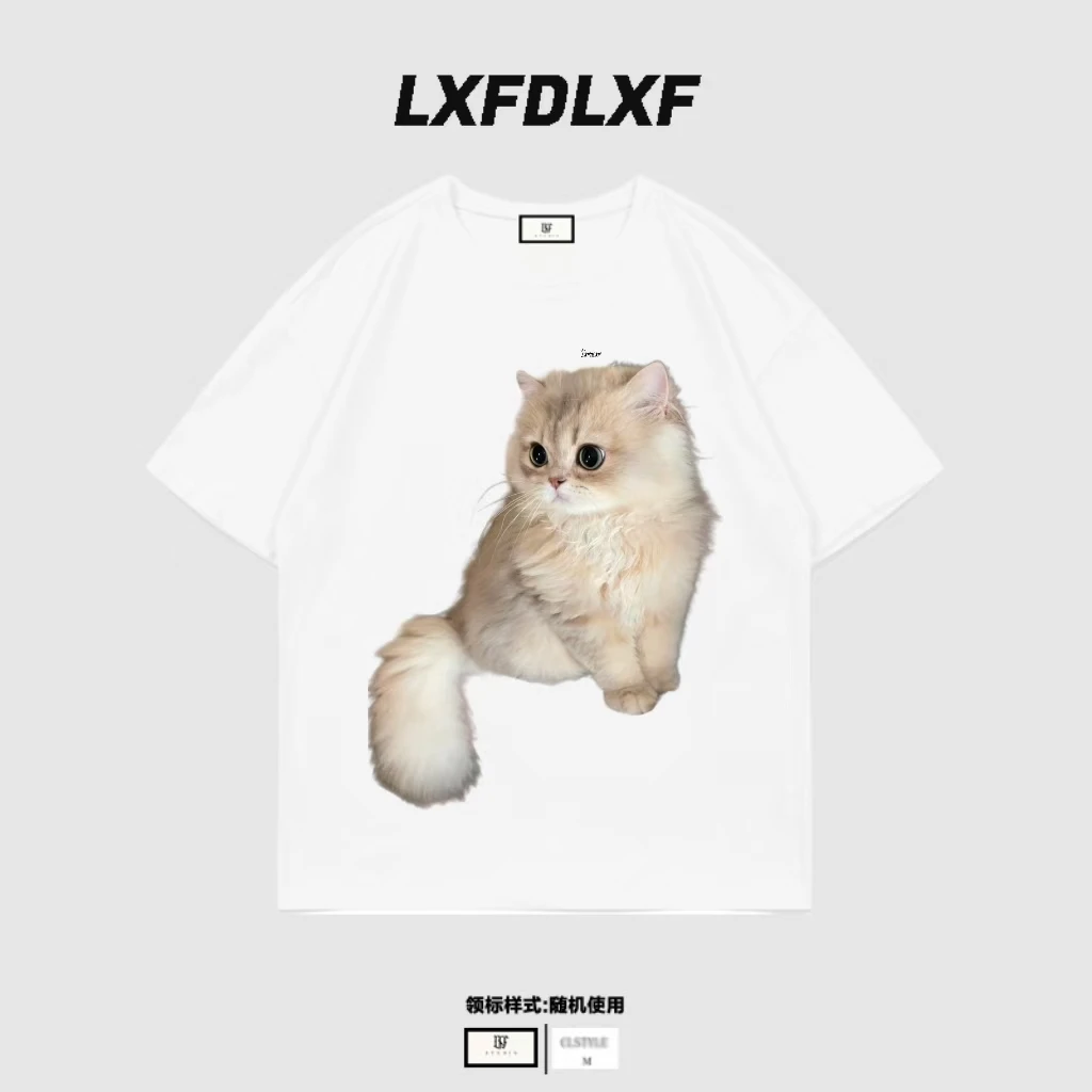 清「原版直喷图案」可爱小猫 门店货夏季可爱卡通宽松纯棉短袖T恤