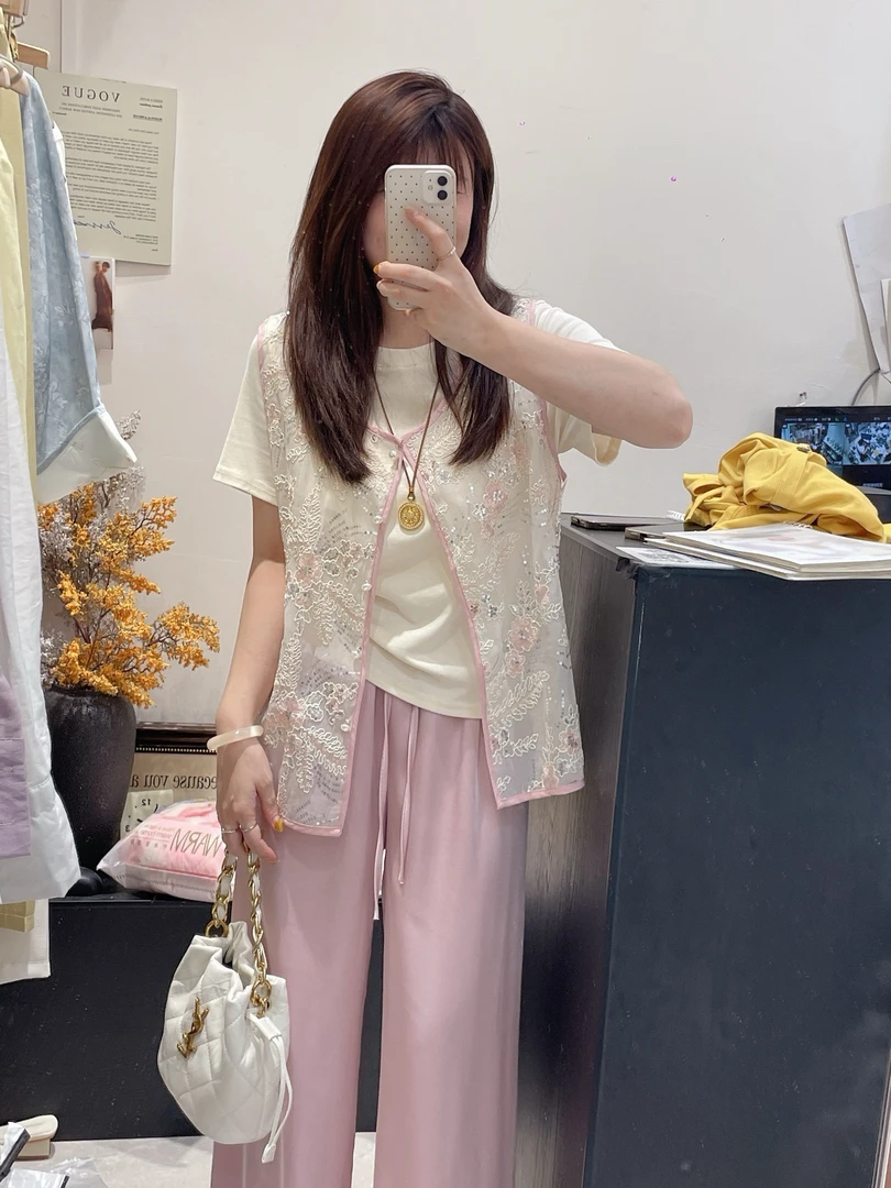 NS「一见倾心」夏季国风中式设计感重工蕾丝气质马甲Y恤两件套