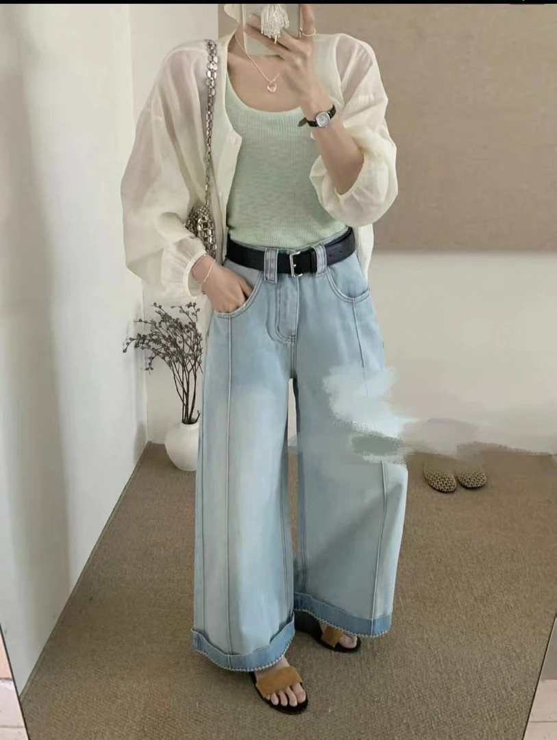 born（234-1）牛仔翻边条纹裤