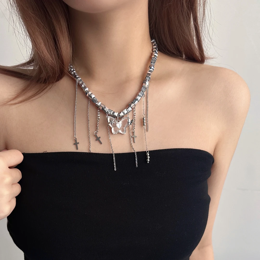 合金亚克力项链 X5510-1重工时尚个性潮流百搭高级感蝴蝶流苏项链