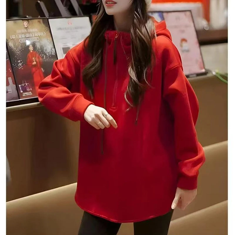 【挪威星空】冬季新款时尚加绒连帽卫衣中长款慵懒风长袖上衣女