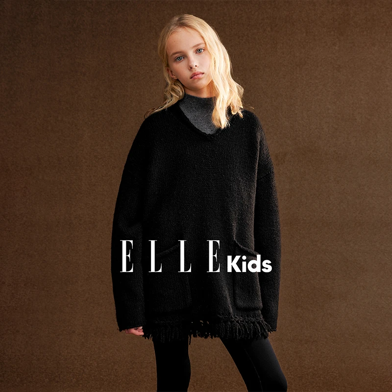 ELLE KIDS童装 v领卷边宽松休闲流苏套头毛衣女冬季新款针织衫D6