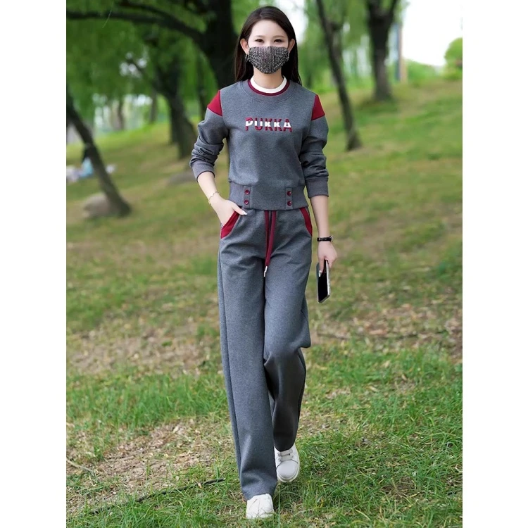 拉夏贝尔时尚休闲套装女2025春秋季新款圆领卫衣阔腿裤运动两件套