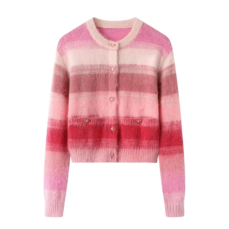 1006（8077）甜美圆领彩色条纹长袖针织衫开衫女2024冬季针织上衣服