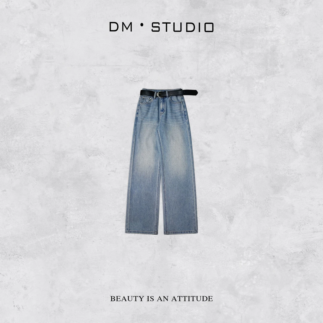 -DM•STUDIO/复古风腰带满天星烫钻水洗百搭阔腿牛仔裤（8837）