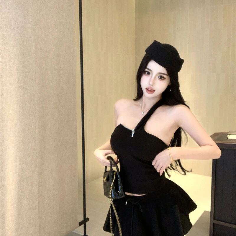 甜酷风辣妹少女气质修身斜肩拉链上衣T恤女早秋新款带胸垫背心