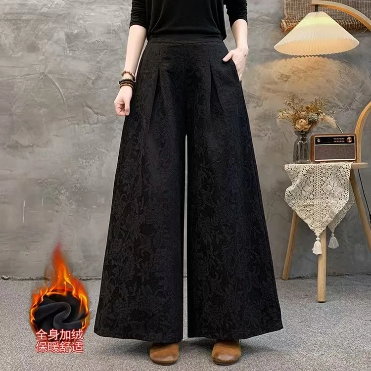 一条过冬 水洗棉麻提花加绒长裤 遮肉显瘦保暖休闲阔腿休闲裤