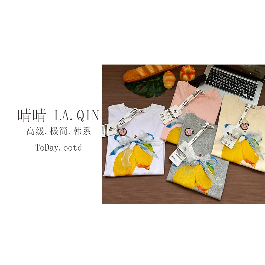 晴晴家-【柠檬蝴蝶结】夏季韩系设计感无感柠檬印花短袖T恤1157