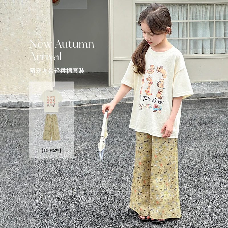 图图小象童装女童套装2025夏季新款可爱简约猫咪印花T恤GBXT498