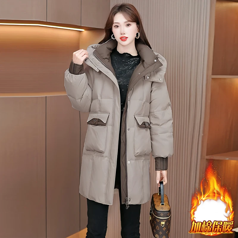 加厚休闲连帽羽绒棉服女2025冬季新款时尚宽松显瘦中长款保暖棉袄