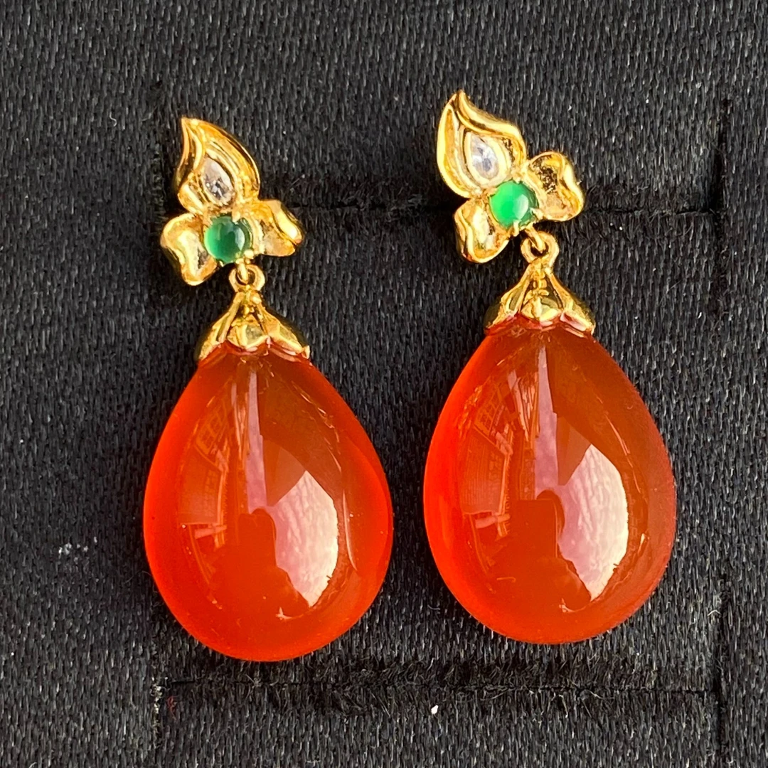 纯天然原矿18k金镶嵌南红玛瑙水滴耳饰高冰高荧光宝石红时尚大气