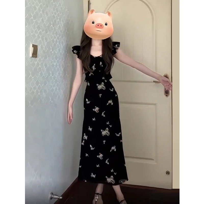 高级感法式小飞袖碎花连衣裙子女装2025新款夏季小众韩系黑色长裙